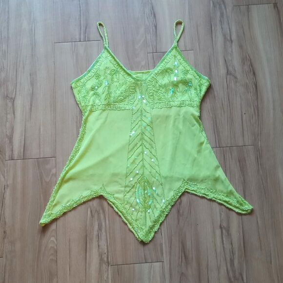 Y2K Green Sheer Beaded Sequin Mesh Fairy Top